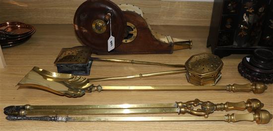 A set of brass fire irons, 2 chestnut roasters and fire bellows